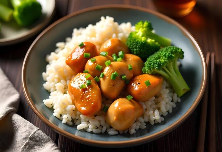 Tsos Chicken and Rice with Broccoli on the Table